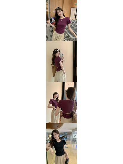 Women's Summer Slim Fit Pleated Short Sleeve T-shirt with Back Cutout