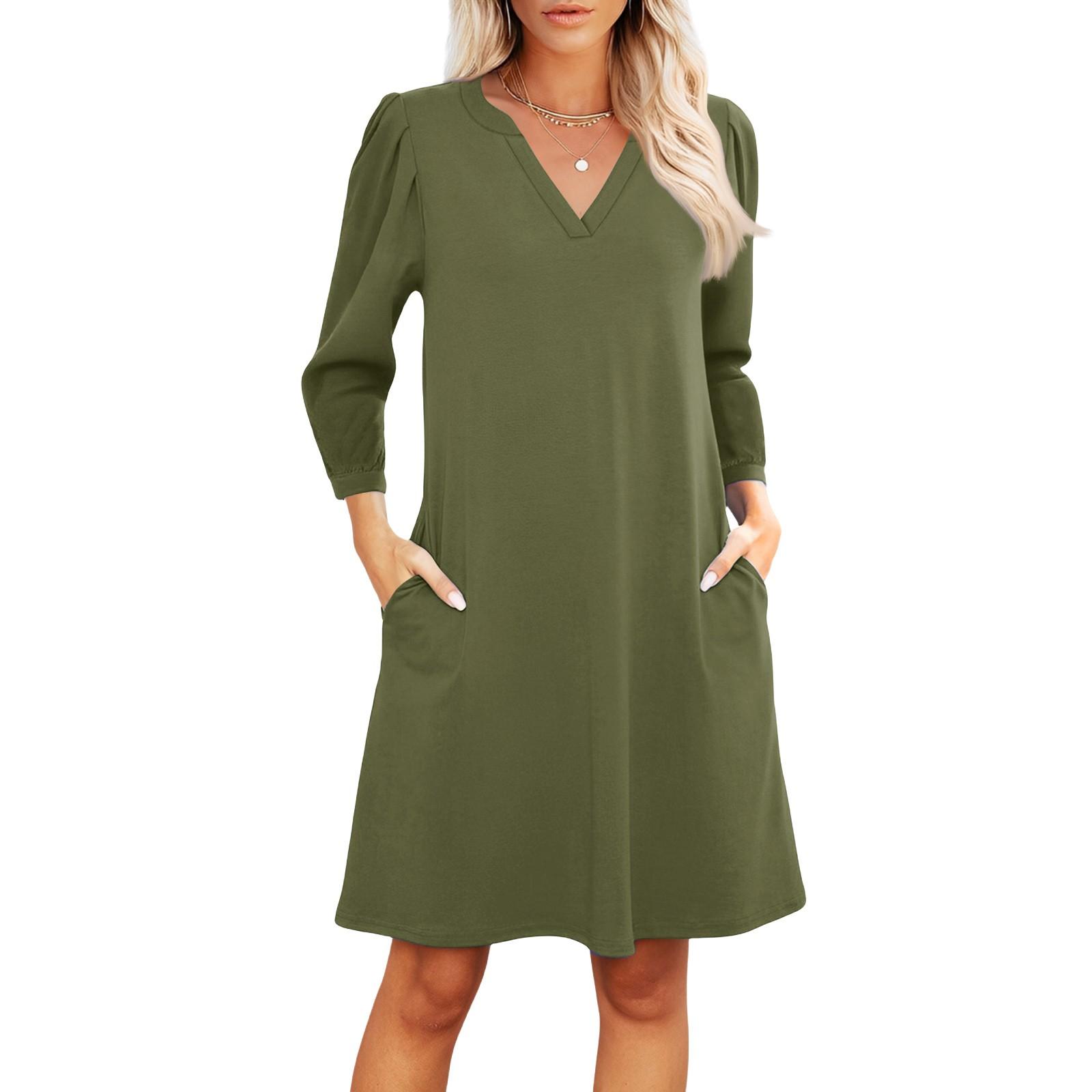 

Women s Fashion V-neck Casual Beach Dress Three-quarter Sleeves Solid Dress M