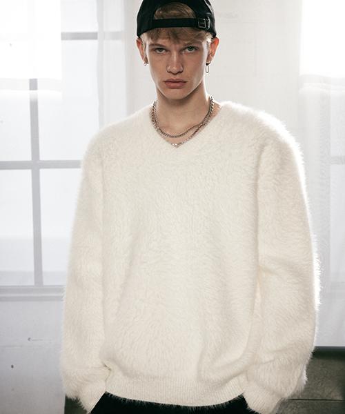Tener Angora V-Neck Over Knit White White/F