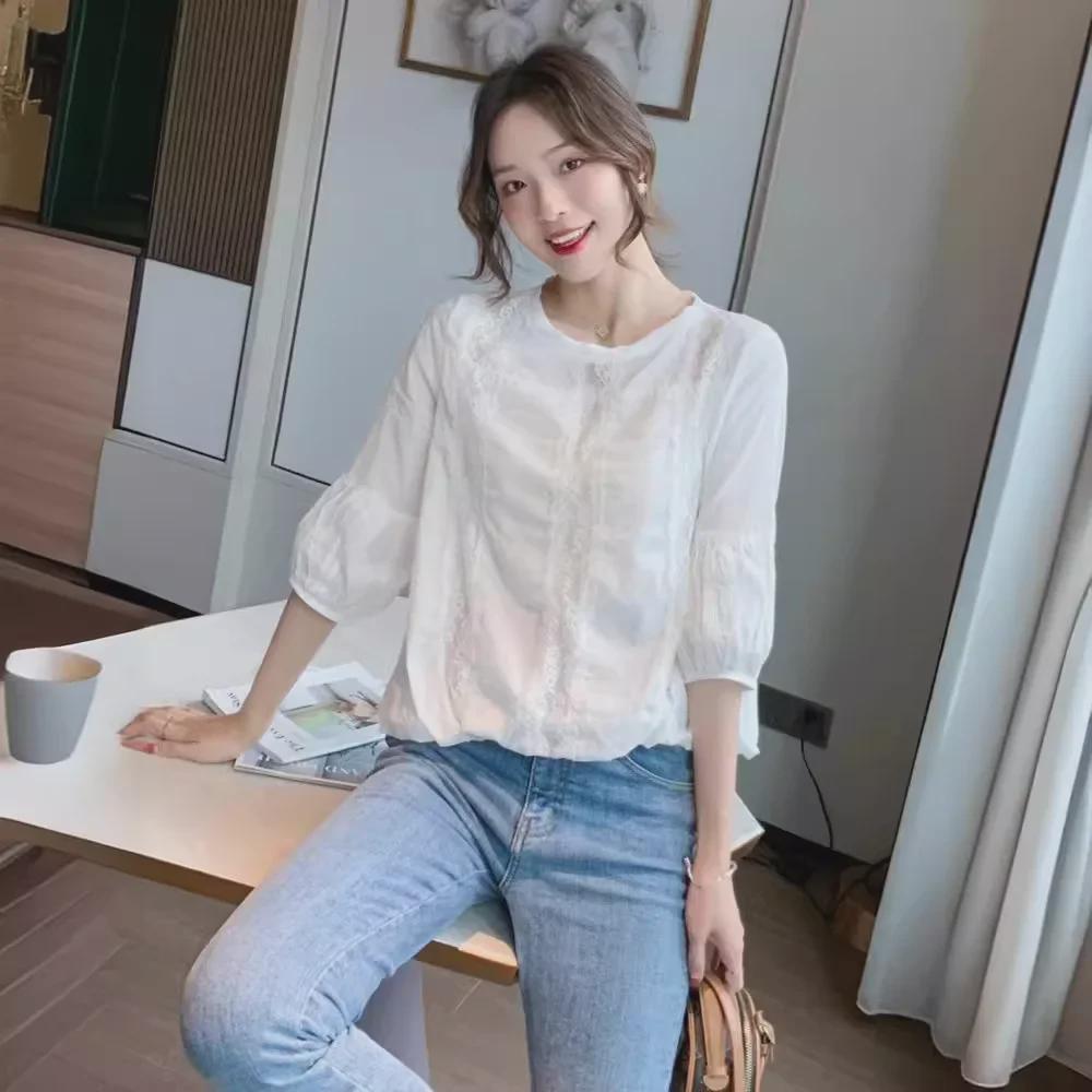 Women's Floral Lace Shirt with Lantern Sleeves - 2022 Spring/Summer Chiffon Hollow Top