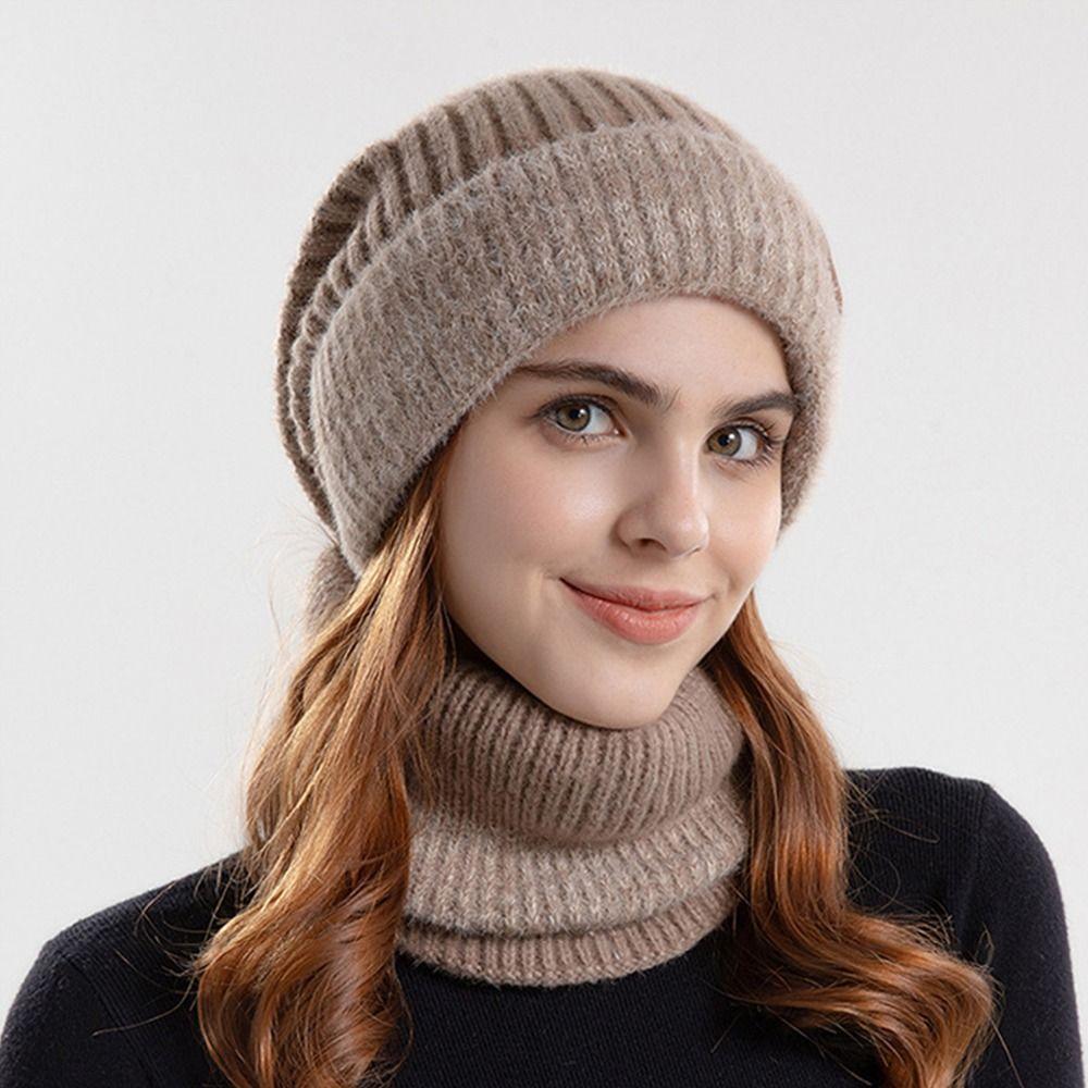 Fleece Lined Hat Scarf Set Windproof Coldproof Neck Warmer Fashion Ear Protection  for Women