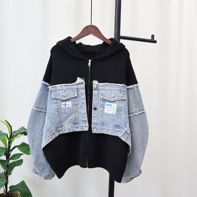 Herbst und Winter neuer Patchwork-Denim-Strick-Cardigan Damen mit Kapuze Lockerer Pullover Jacke Temperament Pendler