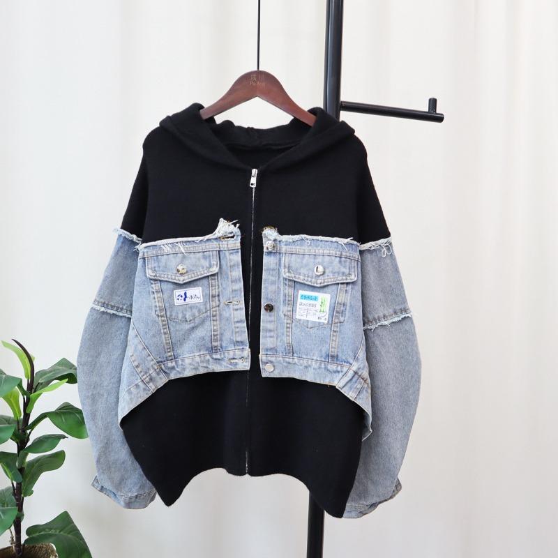 Autumn and winter new splicing denim knitted cardigan women's hooded loose sweater jacket temperament commuting
