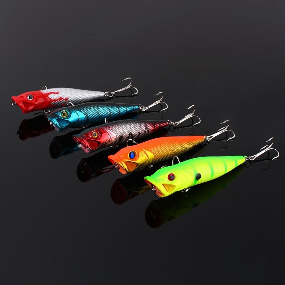 Double Hook Popper Lures 9.5cm 5pcs Topwater Bass Lures Floating Crankbaits for Casting and Trolling