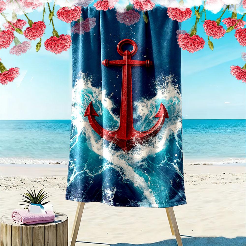 Bold Anchor Meets Waves Print Beach Towel, Quick Drying, Suitable for Travel, Outdoor Sports, Jogging, the Beach and Swimming, Gift