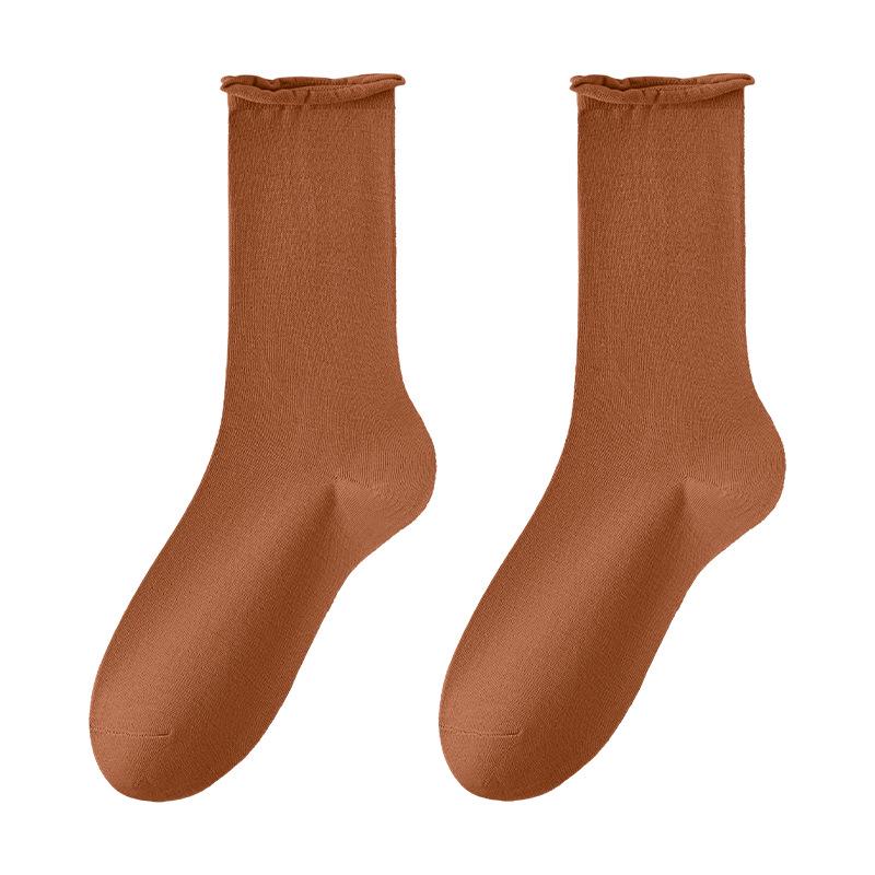 Women's Mid-Calf Cotton Socks: Spring/Autumn Style, Solid Color, Rolled Cuff, Loose Fit, Breathable, Sweat-Absorbent.