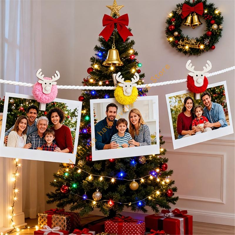 2 PIÈCES Clips en Bois de Rennes de Noël pour Notes Clip en Peluche Douce pour Porte-Photos pour Décoration de Sapin de Noël Mur de Photos 55KF
