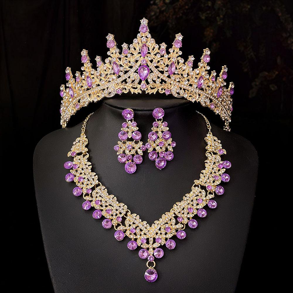 Europäischer und Amerikanischer Brautschmuck Dreiteiliges Set aus Hochwertigem Abschlussball-Hochzeitsschmuck Legierung Diamant Krone Halskette Ohrringe Set