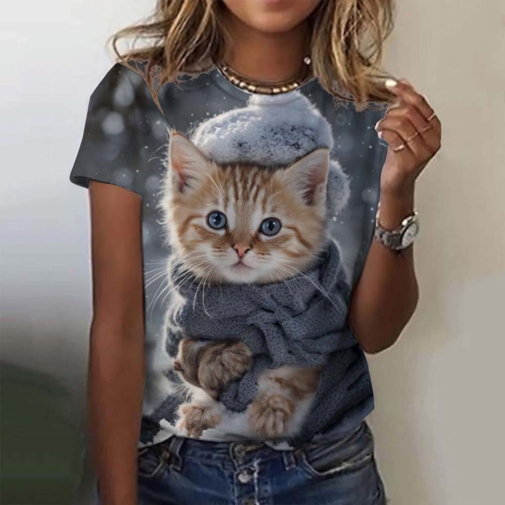 3D Print T Shirt Summer Street Cat Cartoon Tees Fashionable Tee Minimalist Pattern Women's T Shirt Round Neck Short Sleeved Top