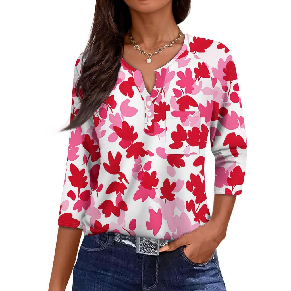 Damska Codzienna Modna Dekolt V Luźna Wszechstronna Kwiatowy Wzór Rękawy Trzyczwarte