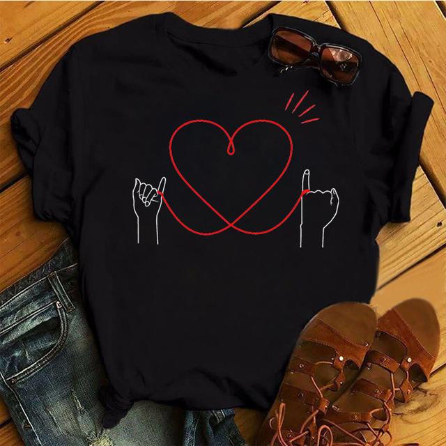 New Women Black T Shirt Feather Flower Love Heart Printed Tops Ladies Female Cute Graphic Tee Shirts Women O-Neck T-Shirts Tops