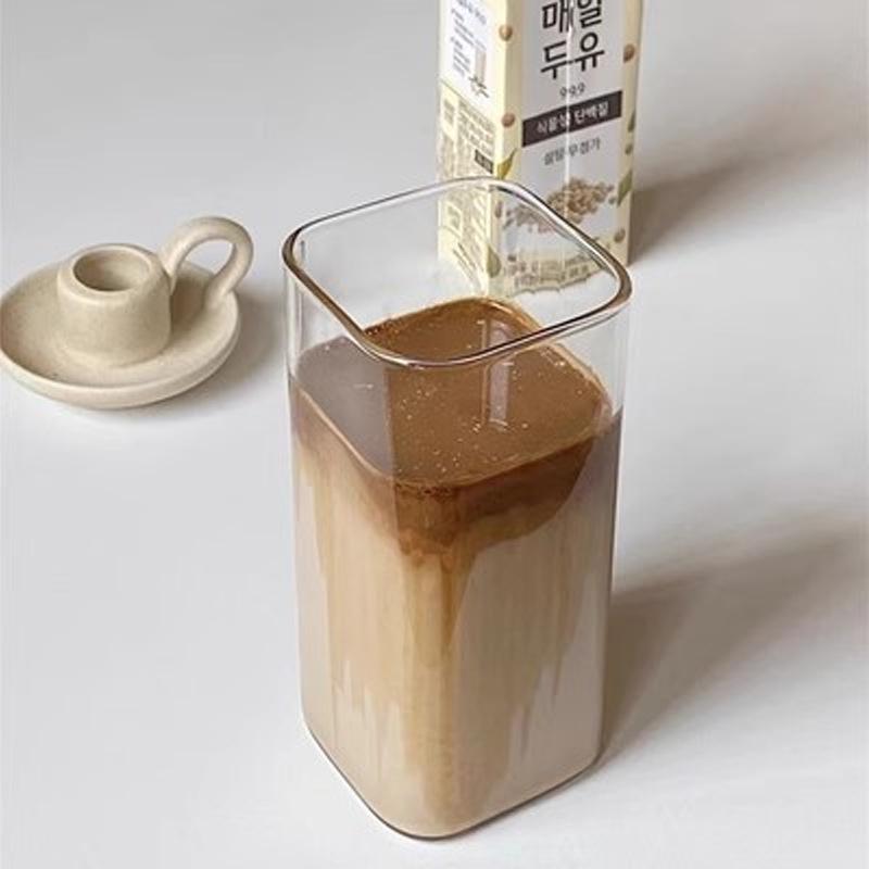 Square Glass Water Cup with Lid - Transparent Minimalist Heated Cup for Home Use, Coffee Cup, Juice Cup, Korean Style