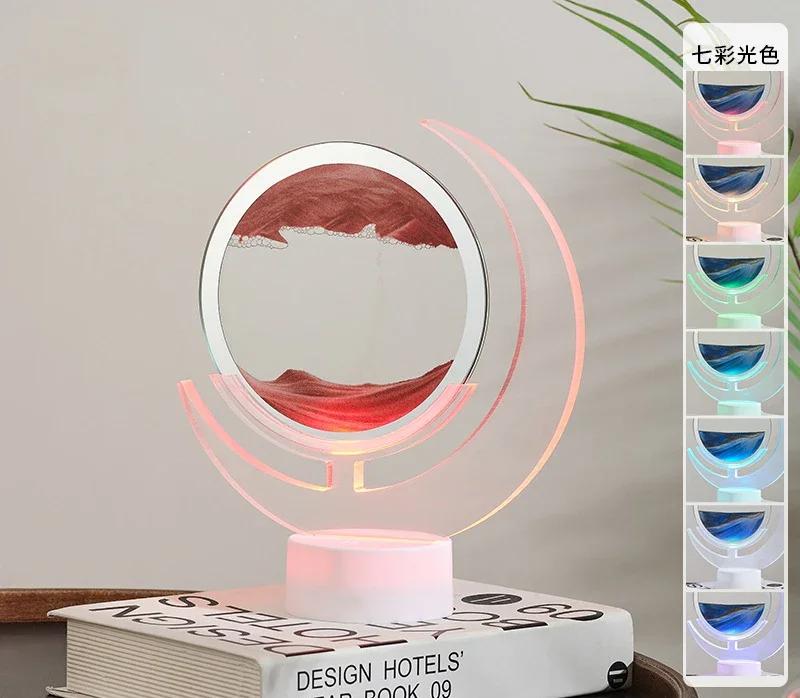 3D Sandscape Moving Sand Art Picture Table Lamp with 7 Colors Quicksand Liquid Hourglass Flowing Sand Painting Home Decor Gifts