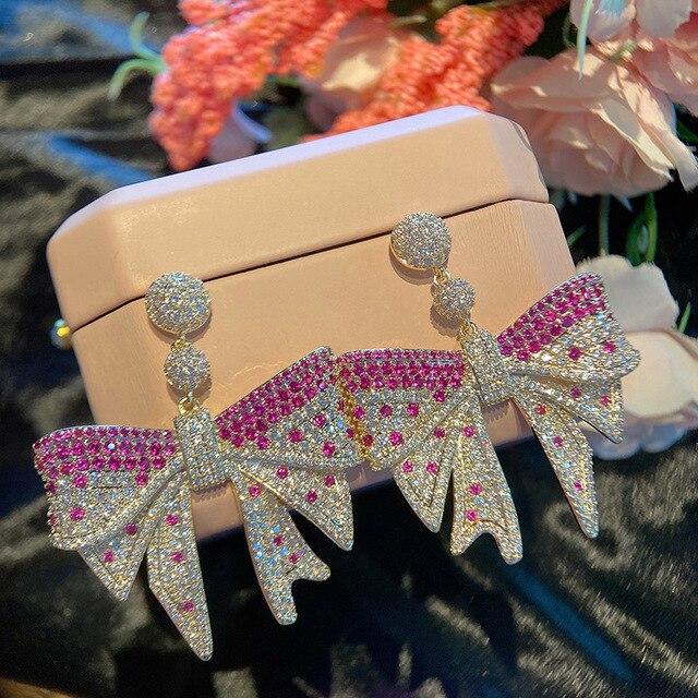 

Роскошные серьги из серебра 925 пробы с большими бантиками для женщин, серьги с градиентом цвета с кубическим цирконием, обручальные свадебные украшения розовый