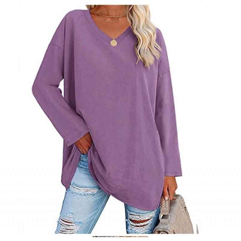 Europejski i Amerykański Oversizowy Damski T-Shirt z Dekoltem w Serek, Wielokolorowy, Luźny Krój, Rękawy z Obniżoną Linią Ramion, Jednolity Kolor