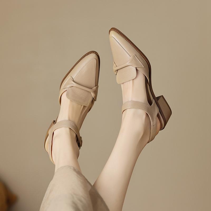 Fashion Women's New Spring/Summer Pointed Breathable Leather Cowhide Bag Heel Large Headed Middle Heel Muller Sandals