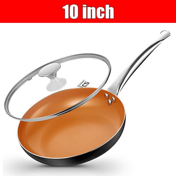 8"10" Copper Nonstick Frying Pan with Lid Titanium Ceramic Interior Saute Pan Omelet Pan Kitchen Cooking Skillet Cookware