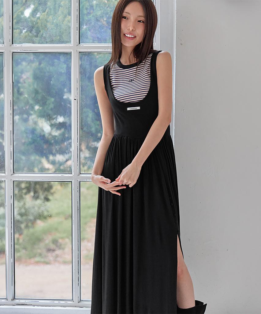 Leondeondada Draped Shirring 2-Way Maxi Dress, Black