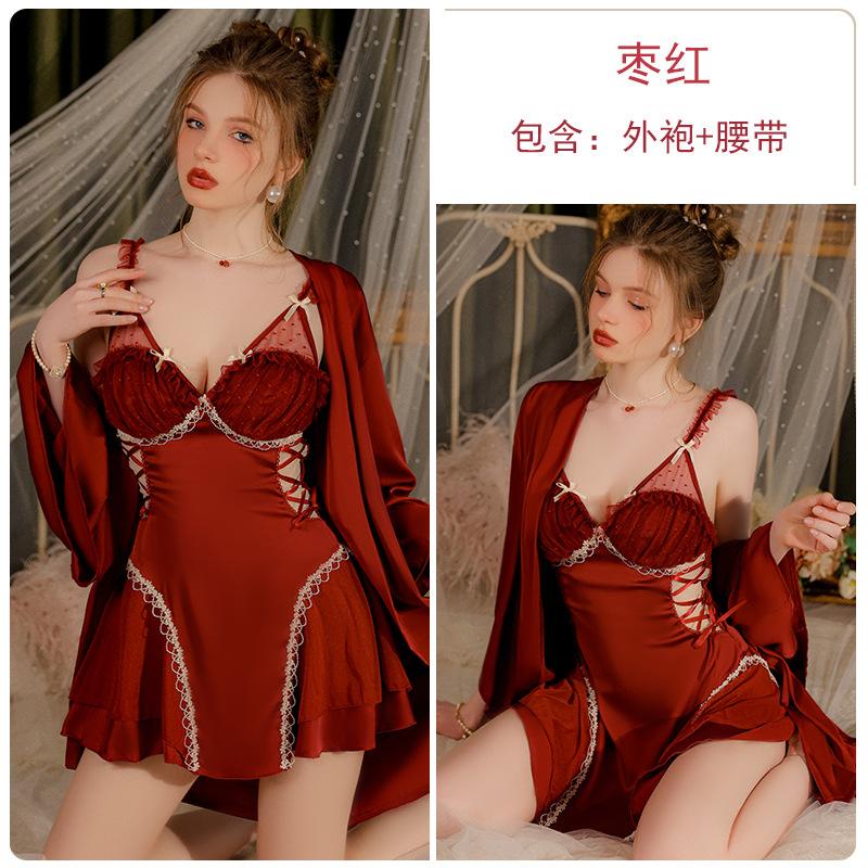 Satin mesh side seduction straps deep V plus chest pad nightdress robe women's loungewear set