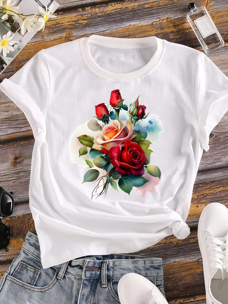(Asian Size) Women Flower Watercolor Trend Cute 90s Short Sleeve Fashion Tee Top Clothing Print Lady Casual Tshirt Female Graphic T-shirts