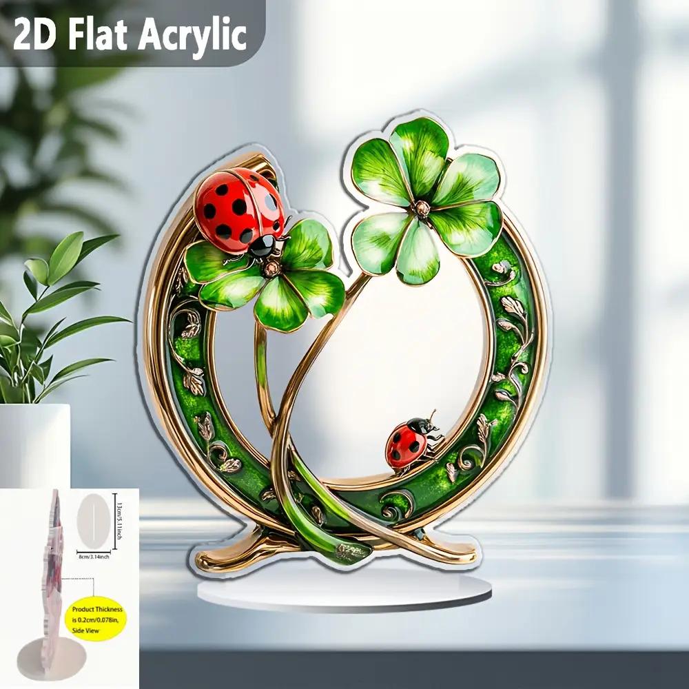 2D Ebene Welle Böhmischer Stil Goldenes Hufeisen Acryl Tischplatten Dekoration Schild, Mit Kleeblatt- und Marienkäfermuster - ein Perfektes Geschenk für St