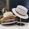 Belt Buckle Flat Top Straw Hat Retro Women'S Summer Uv Protection Sun Hat Hollow Breathable Vacation Sun Protection Top Hat