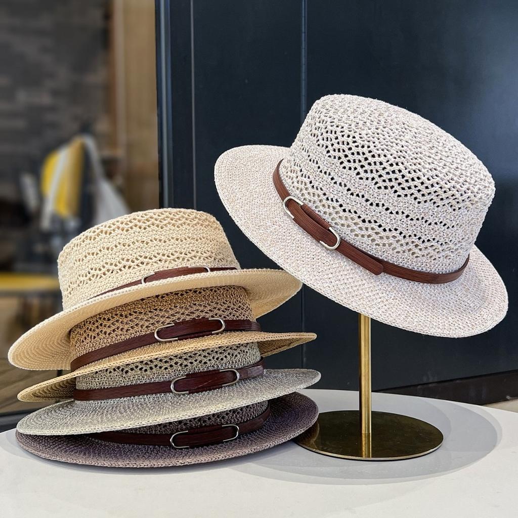 Belt Buckle Flat Top Straw Hat Retro Women'S Summer Uv Protection Sun Hat Hollow Breathable Vacation Sun Protection Top Hat