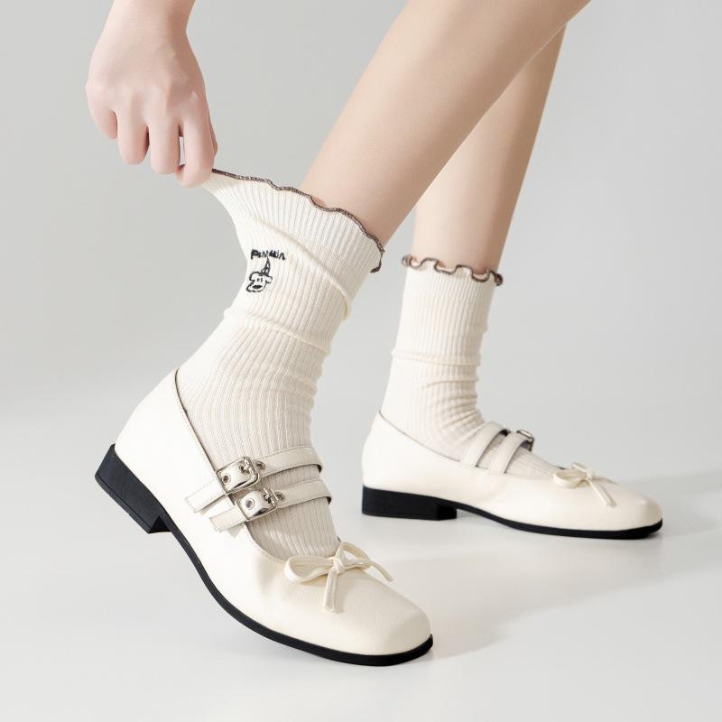 Cartoon-embroidered Socks for Women, Spring and Autumn, Thin and Versatile Mid-calf Socks, Sweet Black Ear-trimmed Pile Socks