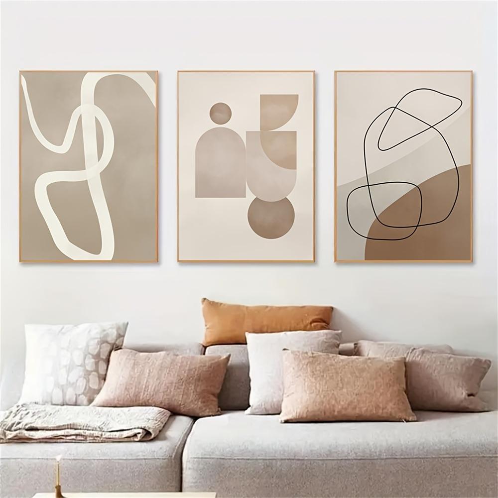 3pcs Frameless Modern Beige and Brown Geometric Canvas Prints,Abstract Line Art Posters,Retro Minimalist Wall Decor,Bohemian