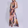 Sommer Neckholder Tiefes V Rückenfrei Ärmellos Floral Plissiertes Schwingkleid