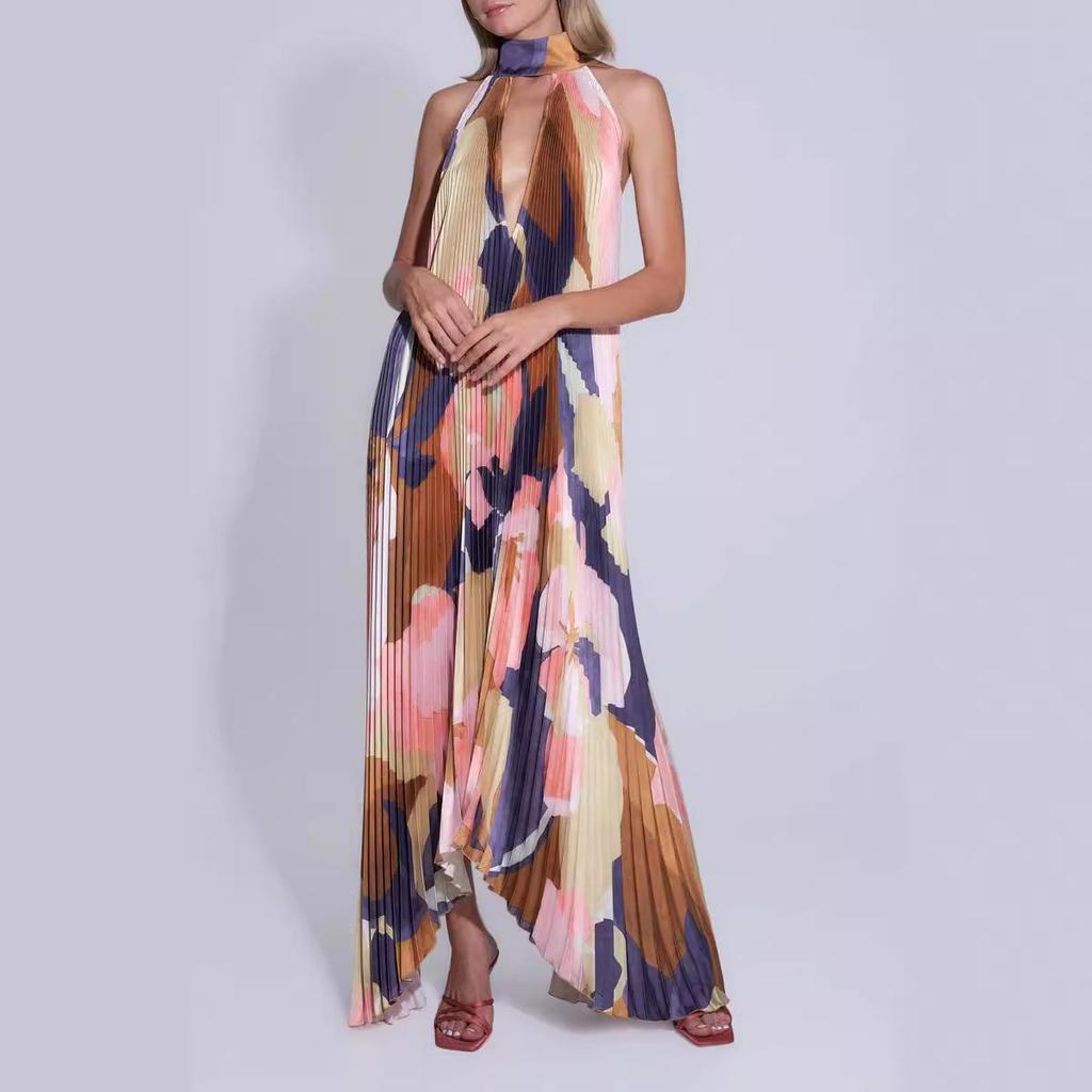 Sommer Neckholder Tiefes V Rückenfrei Ärmellos Floral Plissiertes Schwingkleid
