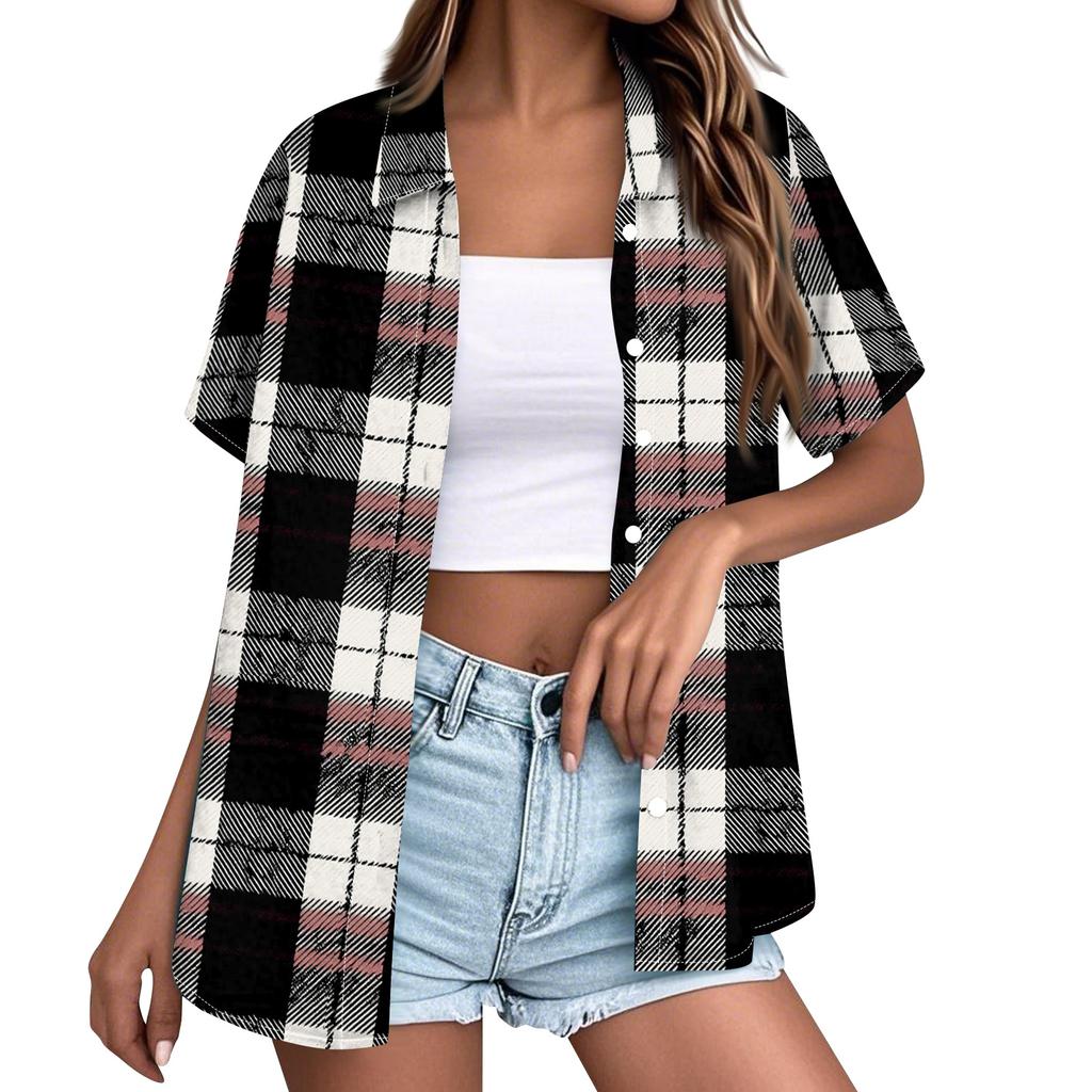 Women Casual Loose Fit Short Sleeve Button Down Collar Shirt Plaid Pattern Lightweight Summer Top