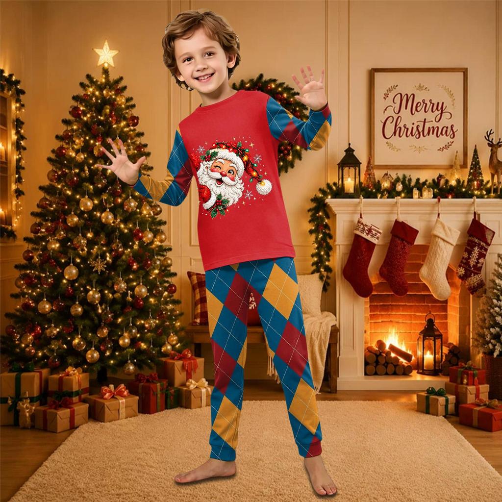 Christmas-print long-sleeve and long-pant matching family loungewear set