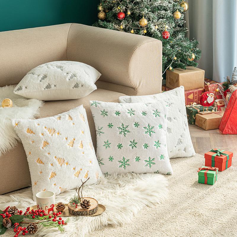 Christmas Tree Embroidery Pillowcase Plush Snowflake Embroidery Pillowcase Ins Style Christmas New Year Decorations