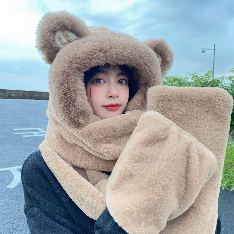 Women's Cute Bear Hooded Scarf Set: Plush Hat, Neck Warmer, and Gloves for Winter