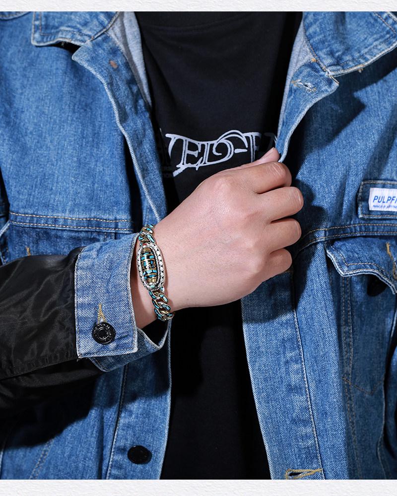 Sterling Silver Turquoise Dzi Bracelet with Six-Character Mantra