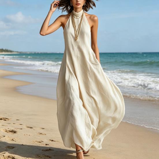 Women Summer Halter Neck Maxi Dress Casual Sleeveless A-line Long Dress Casual Beach Vacation Flowy Sundress