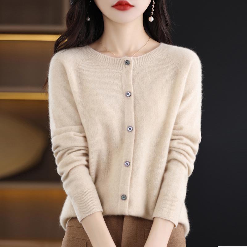Premium Women's 100% Wool Knitted Cardigan - Slim Fit, Round Neck, Seamless Design for Autumn & Winter