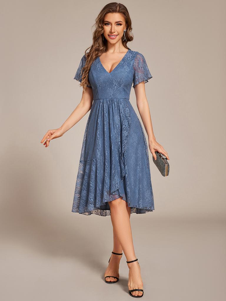 Ever-Pretty Women's V-Neck Short Sleeve Ruffled Lace Lotus Hemline Midi Wedding Guest Dress