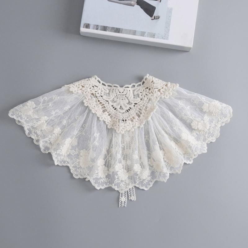 Korean Style Women False Collar Shawl Scarf Elegant Embroidery Lace Pleated Lace-Up Bowknot Shoulder Wrap Poncho Cape