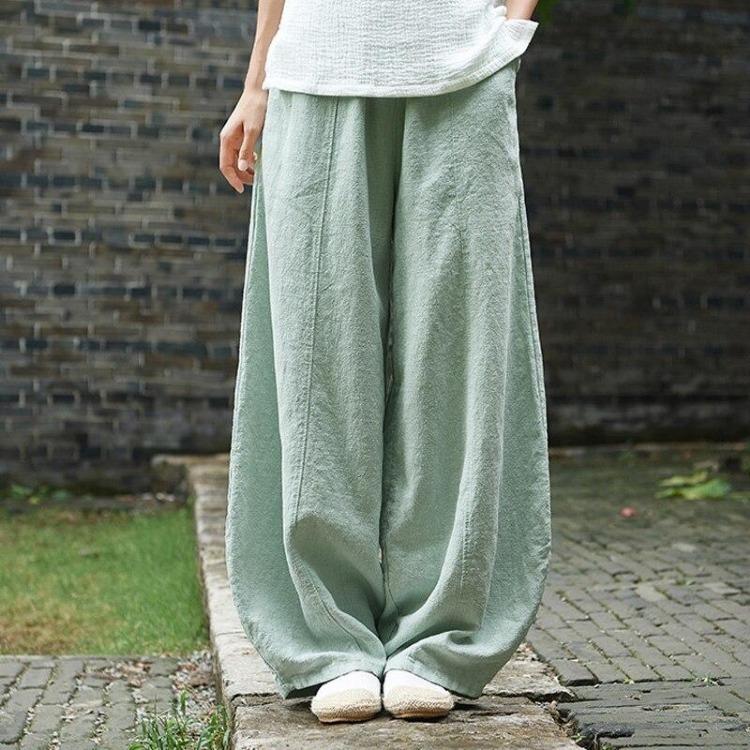 Pantaloni Larghi Vintage da Donna Cotone Lino Vita Elastica Tasche Casual Colore Unico Autunno Johnature