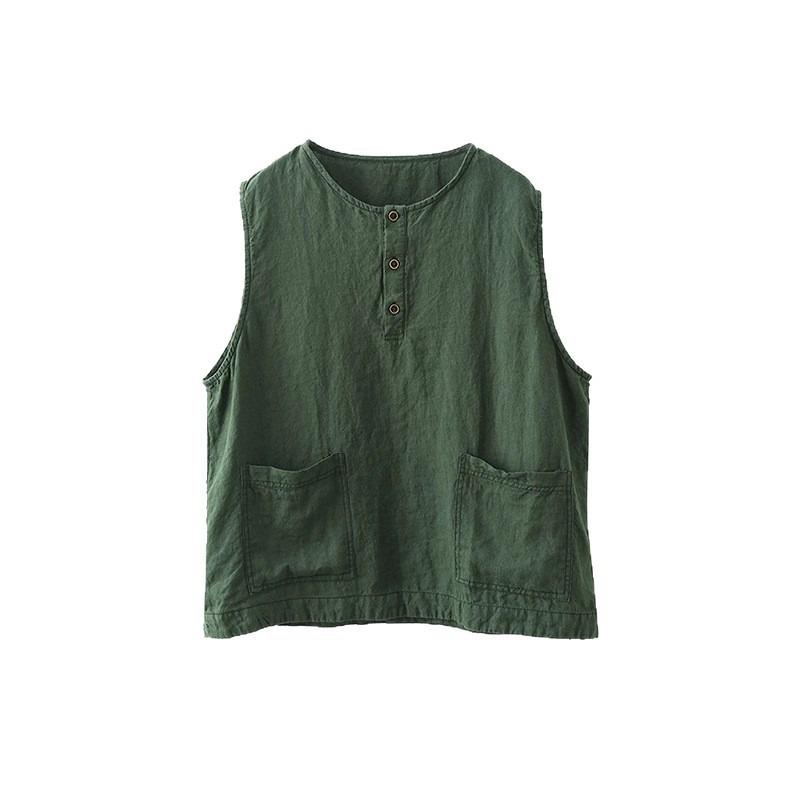 Women Vintage Cotton Linen Sleeveless Vest Button Design Loose Fit All Match Art Style Summer New Casual Tank Top