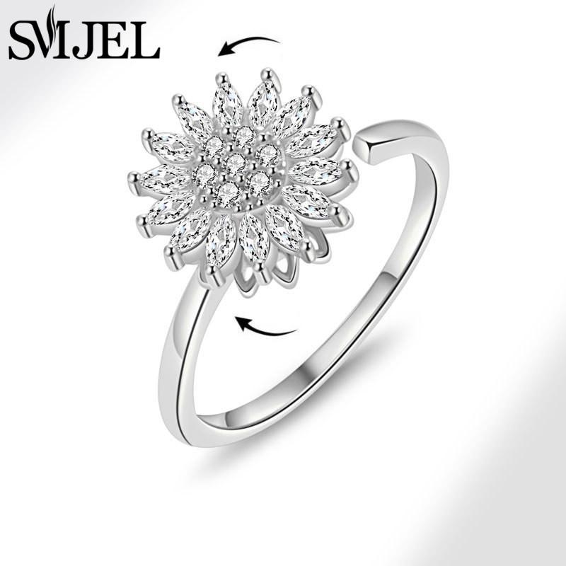 SMJEL Luxury Crystal Anxiety Relief Spinning Fidget Rings for Women Cute Sakura Daisy Rose Flower Rotating Ring Anti Stress Gift