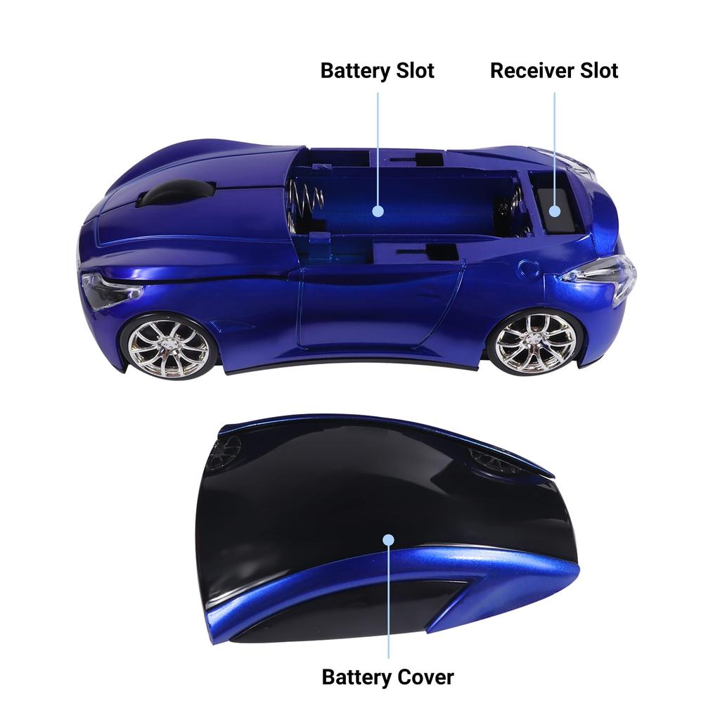 Wireless Car for and Compatible with Windows and Mac Blue 2.4GHz Mouse, Battery-Powered, Optical, Lightweight, Fun, Portable, Compact, Kids, PC,