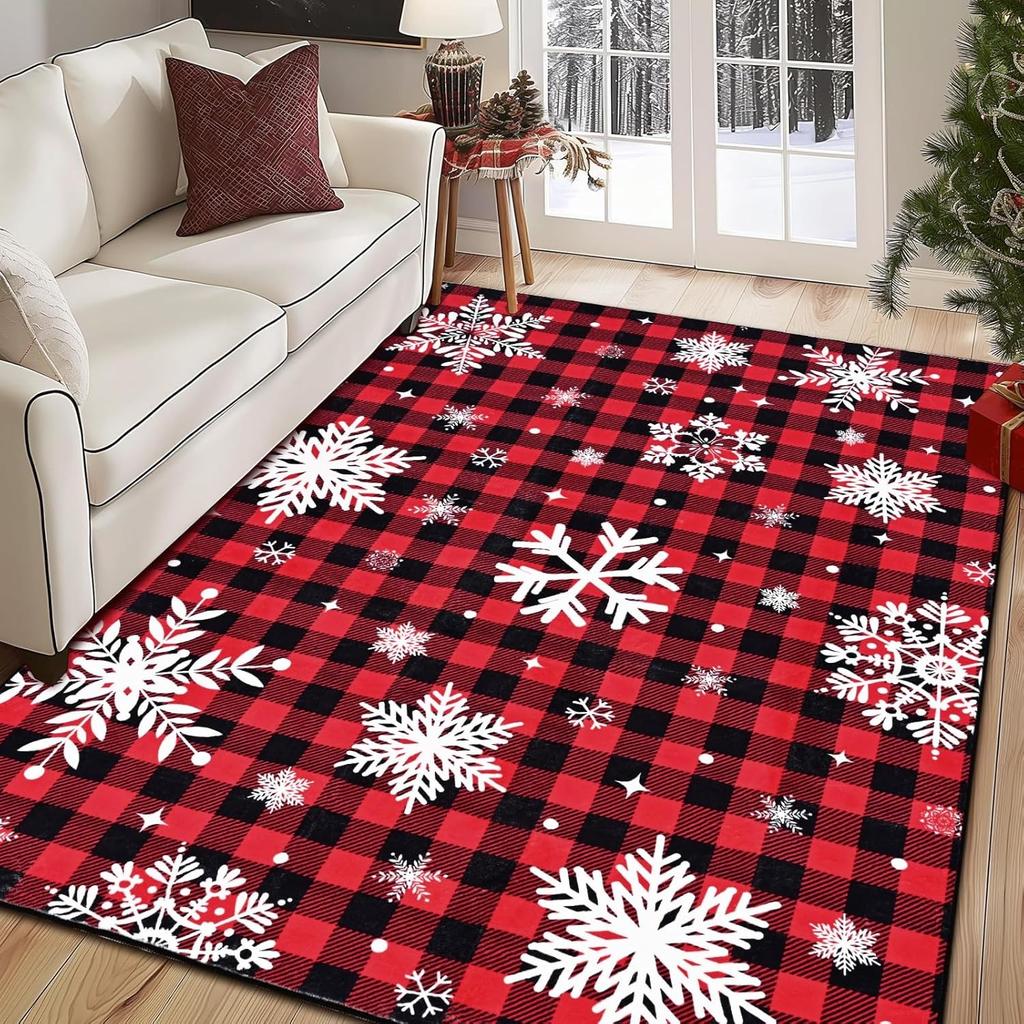 Christmas Rugs for Living Room Area Rug Snowflake Christmas Tree Washable Rug for Bedroom Non Slip Plaid Rugs Xmas Carpet