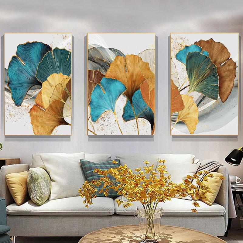 Nordic Blue Gold Plant Leaf Poster Ginkgo Leaves Abstract Canvas Print Wall Art Painting Picture Living Room Modern Decoration
