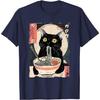 Black Cat Eating RaUnisex Japanese Ukiyo Style Graphic Tee T-Shirt Anime Food Lover Gift