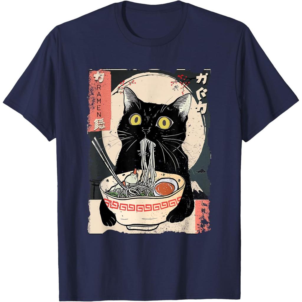 Black Cat Eating RaUnisex Japanese Ukiyo Style Graphic Tee T-Shirt Anime Food Lover Gift