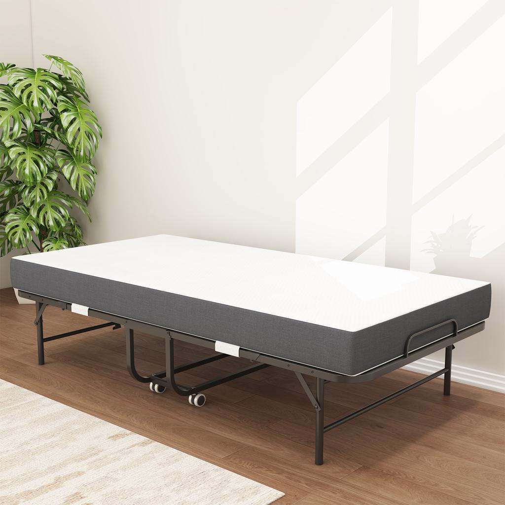 190 × 96 cm Klapp-Einzelbett mit 9,5 cm Memory-Schaumstoffmatratze, Tragbares Gästebett/Klappbett, Stabiler Metallrahmen