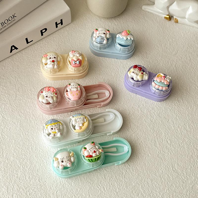 Candy Color Contact Lens Case Cute Cartoon Cat Eye Contacts Beauty Pupil Storage Box with Tweezer Suction Stick Set Girls Gift